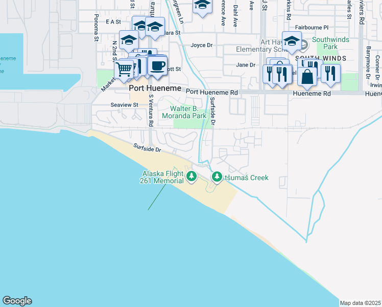 map of restaurants, bars, coffee shops, grocery stores, and more near 750 Island View Circle in Port Hueneme