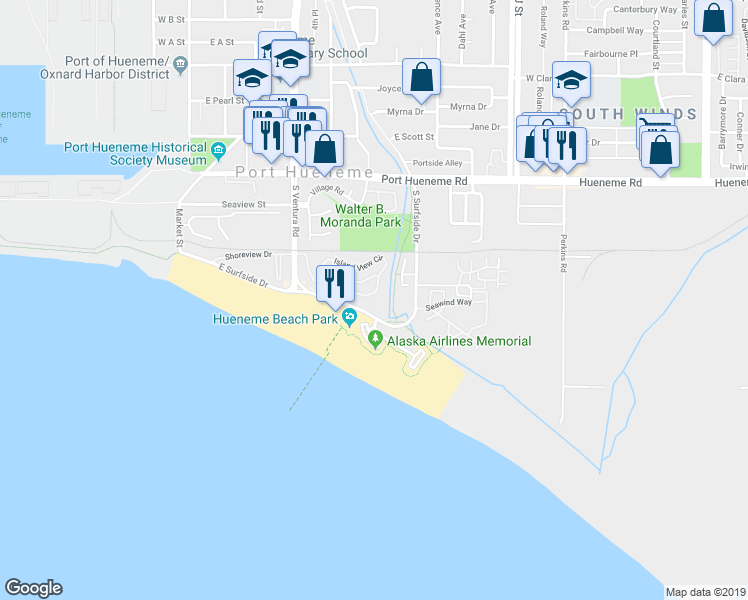 map of restaurants, bars, coffee shops, grocery stores, and more near 750 Island View Circle in Port Hueneme
