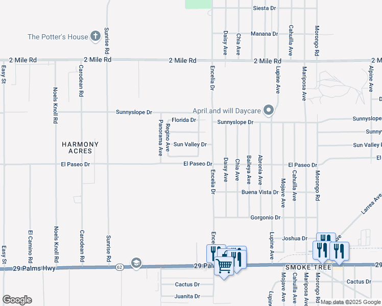 map of restaurants, bars, coffee shops, grocery stores, and more near 71584 Sunflower Drive in Twentynine Palms