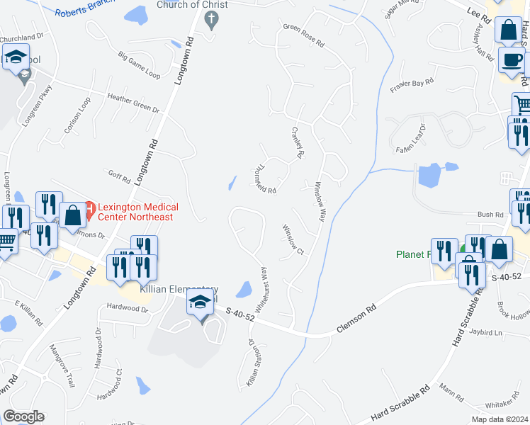 map of restaurants, bars, coffee shops, grocery stores, and more near 337 Whitehurst Way in Columbia