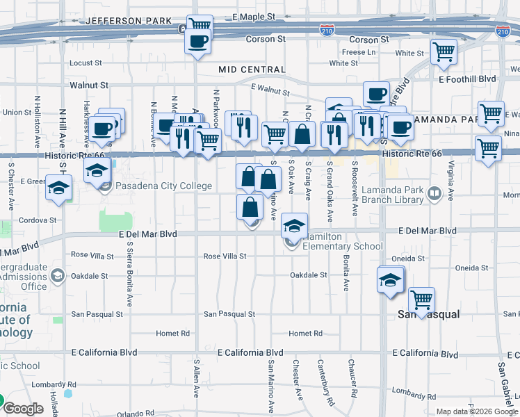 map of restaurants, bars, coffee shops, grocery stores, and more near 156 South Berkeley Avenue in Pasadena