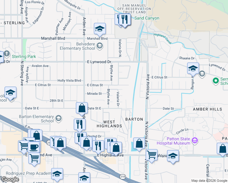 map of restaurants, bars, coffee shops, grocery stores, and more near 26287 29th Street in Highland