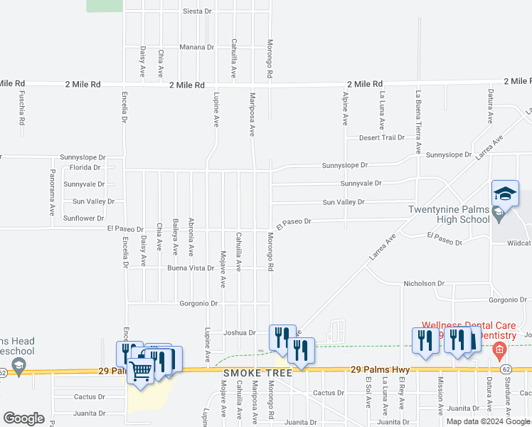 map of restaurants, bars, coffee shops, grocery stores, and more near 6056 Morongo Road in Twentynine Palms