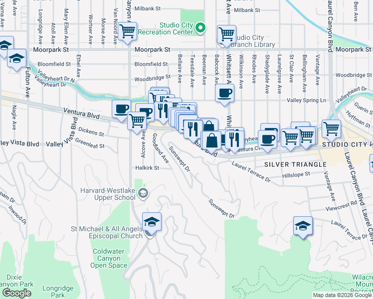 map of restaurants, bars, coffee shops, grocery stores, and more near 4029 Sunswept Drive in Los Angeles