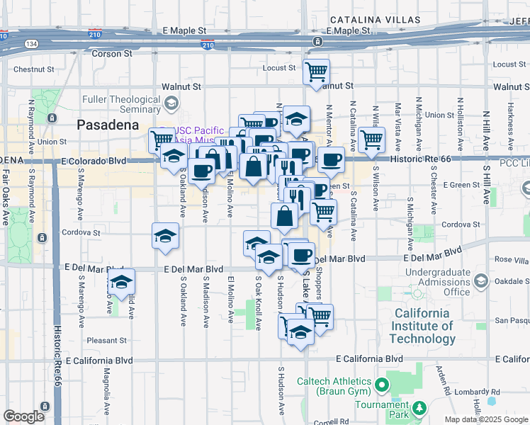 map of restaurants, bars, coffee shops, grocery stores, and more near 150 South Oak Knoll Avenue in Pasadena