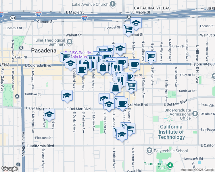 map of restaurants, bars, coffee shops, grocery stores, and more near 150 South Oak Knoll Avenue in Pasadena