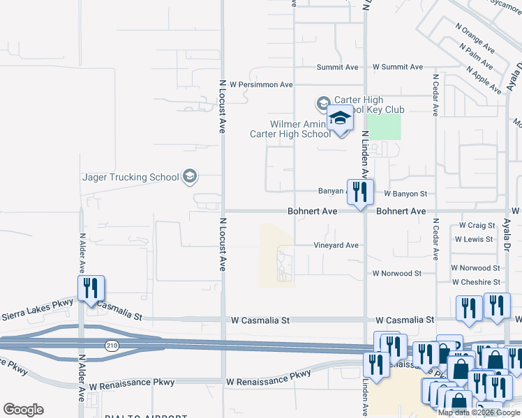 map of restaurants, bars, coffee shops, grocery stores, and more near 1821 West Bohnert Avenue in Rialto