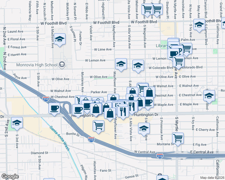 map of restaurants, bars, coffee shops, grocery stores, and more near 814 Mayflower Avenue in Monrovia