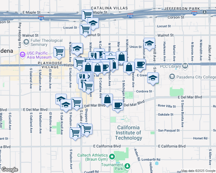 map of restaurants, bars, coffee shops, grocery stores, and more near 137 South Wilson Avenue in Pasadena