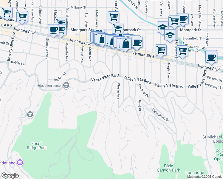 map of restaurants, bars, coffee shops, grocery stores, and more near Weslin Avenue & Glenridge Drive in Los Angeles