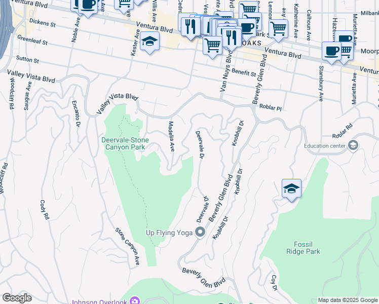 map of restaurants, bars, coffee shops, grocery stores, and more near 14750 Round Valley Drive in Los Angeles