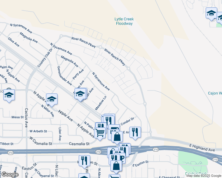 map of restaurants, bars, coffee shops, grocery stores, and more near 2423 North Sycamore Avenue in Rialto