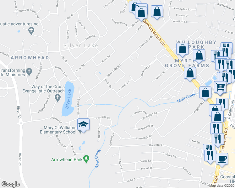 map of restaurants, bars, coffee shops, grocery stores, and more near 443 Motts Creek Road in Wilmington