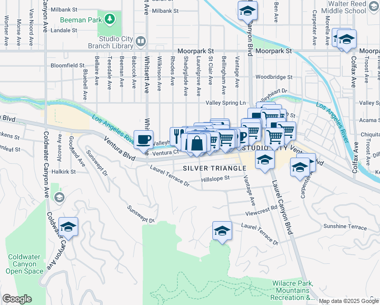 map of restaurants, bars, coffee shops, grocery stores, and more near 12266 Ventura Boulevard in Los Angeles