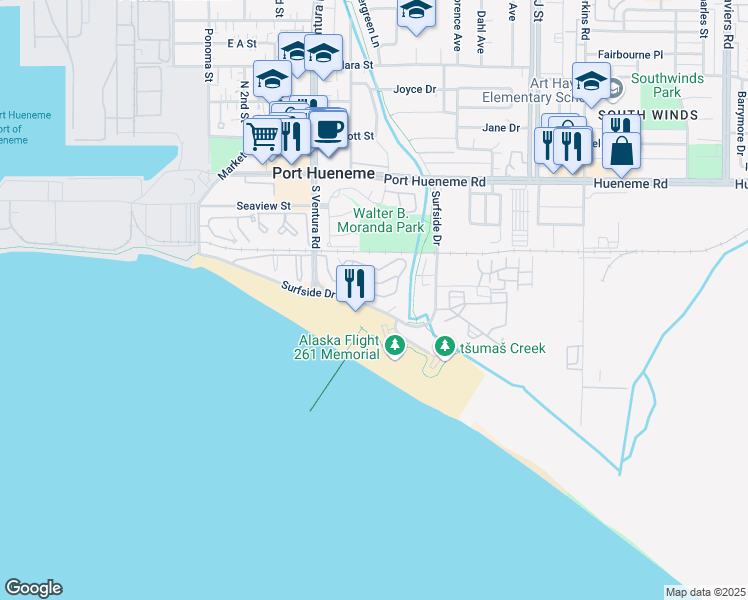 map of restaurants, bars, coffee shops, grocery stores, and more near 668 Island View Circle in Port Hueneme