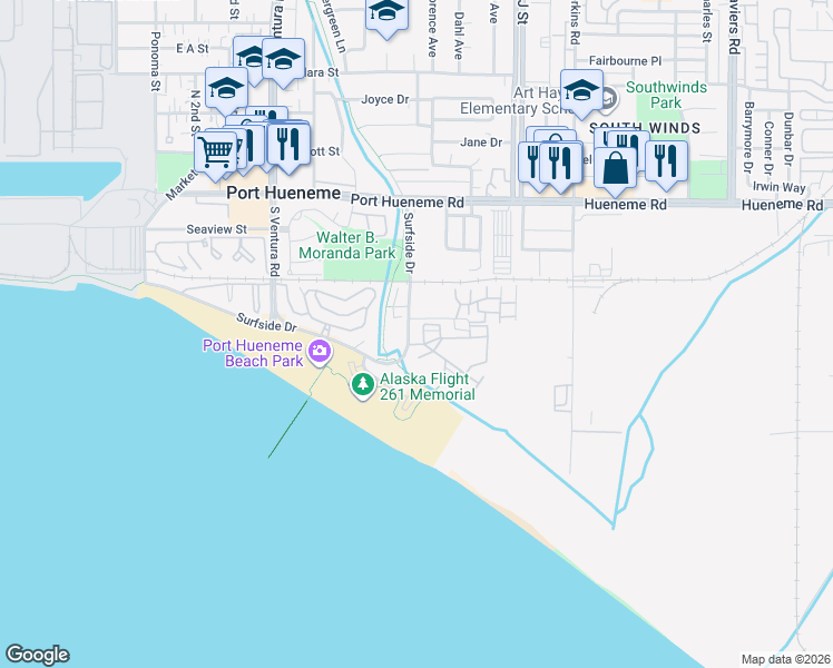 map of restaurants, bars, coffee shops, grocery stores, and more near 550 Ebbtide Circle in Port Hueneme