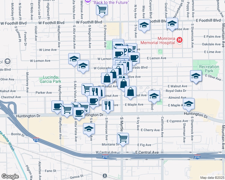 map of restaurants, bars, coffee shops, grocery stores, and more near 128 West Walnut Avenue in Monrovia