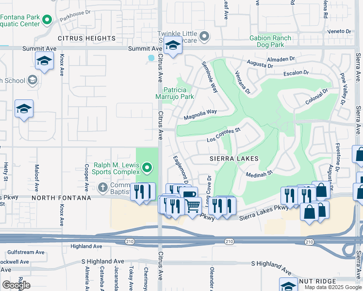 map of restaurants, bars, coffee shops, grocery stores, and more near 16185 Los Coyotes Street in Fontana