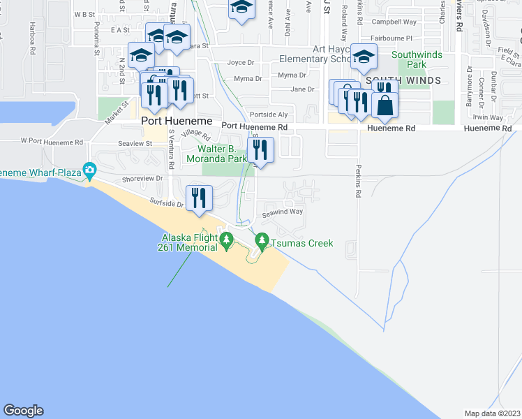 map of restaurants, bars, coffee shops, grocery stores, and more near 550 Ebbtide Circle in Port Hueneme