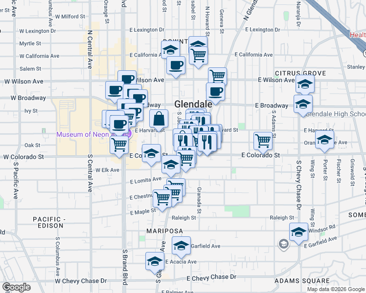 map of restaurants, bars, coffee shops, grocery stores, and more near in Glendale