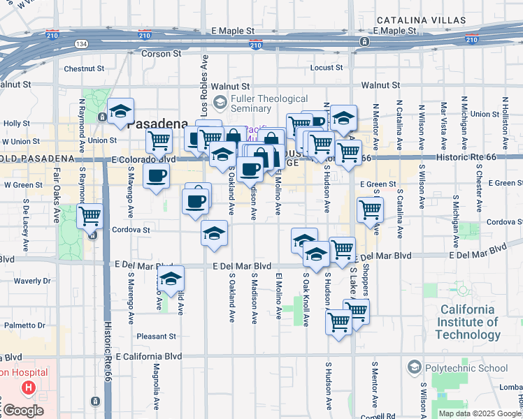 map of restaurants, bars, coffee shops, grocery stores, and more near 158 South Madison Avenue in Pasadena