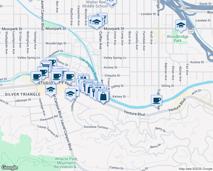 map of restaurants, bars, coffee shops, grocery stores, and more near 4107 Troost Avenue in Los Angeles