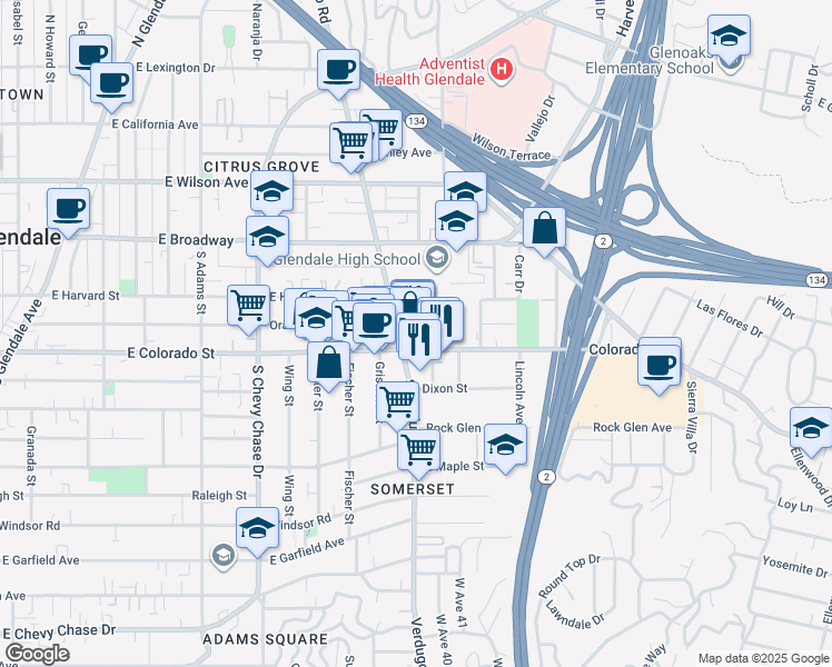 map of restaurants, bars, coffee shops, grocery stores, and more near 1425 East Colorado Street in Glendale
