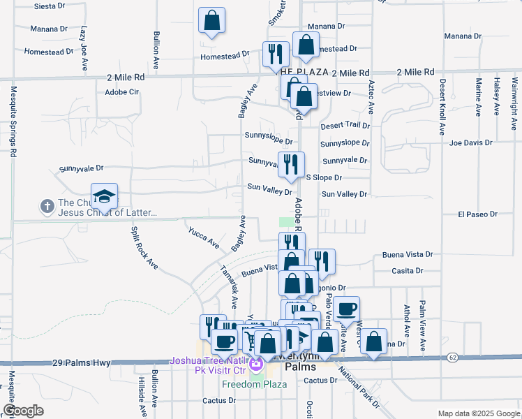 map of restaurants, bars, coffee shops, grocery stores, and more near 6061 Bagley Avenue in Twentynine Palms