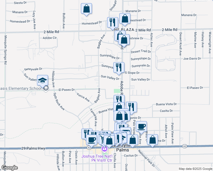 map of restaurants, bars, coffee shops, grocery stores, and more near 6061 Bagley Avenue in Twentynine Palms