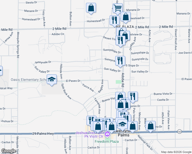 map of restaurants, bars, coffee shops, grocery stores, and more near 73466 El Paseo Drive in Twentynine Palms