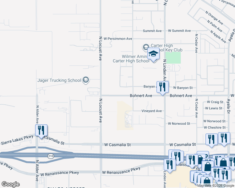 map of restaurants, bars, coffee shops, grocery stores, and more near 1821 West Bohnert Avenue in Rialto