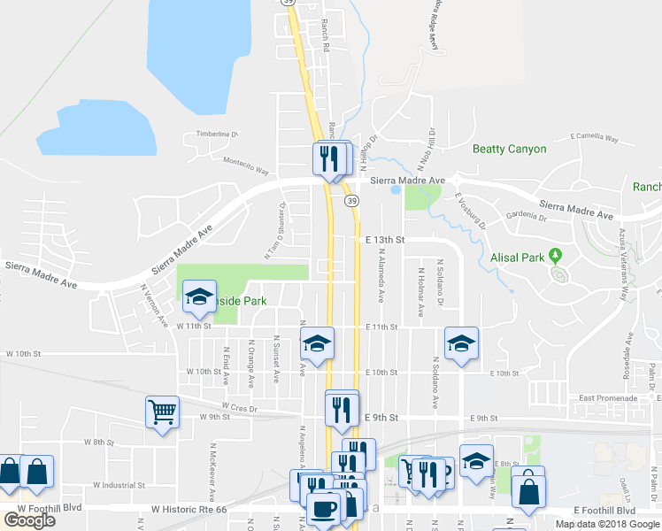 map of restaurants, bars, coffee shops, grocery stores, and more near 103 North San Gabriel Avenue in Azusa