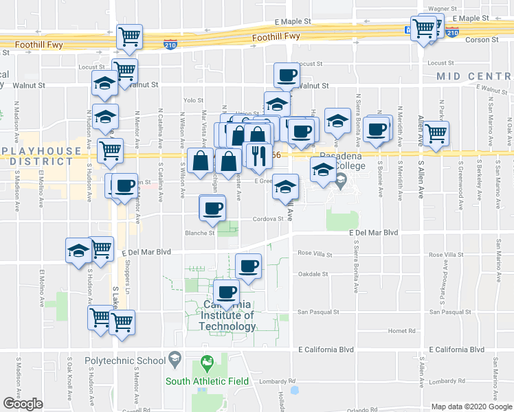 map of restaurants, bars, coffee shops, grocery stores, and more near 1299 Cordova Street in Pasadena