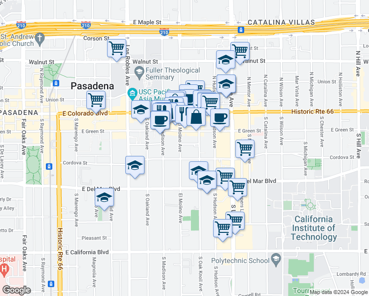 map of restaurants, bars, coffee shops, grocery stores, and more near 175 South El Molino Avenue in Pasadena