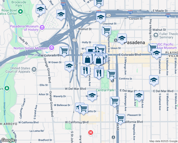 map of restaurants, bars, coffee shops, grocery stores, and more near in Pasadena