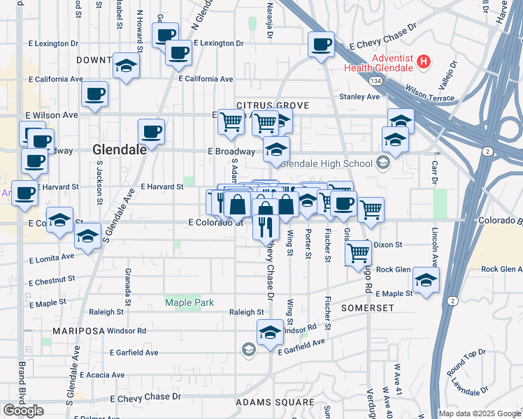 map of restaurants, bars, coffee shops, grocery stores, and more near 1129 East Colorado Street in Glendale