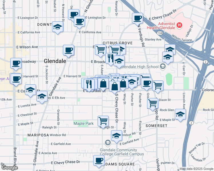 map of restaurants, bars, coffee shops, grocery stores, and more near 1129 East Colorado Street in Glendale
