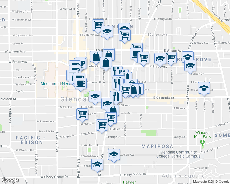 map of restaurants, bars, coffee shops, grocery stores, and more near 245B South Glendale Avenue in Glendale