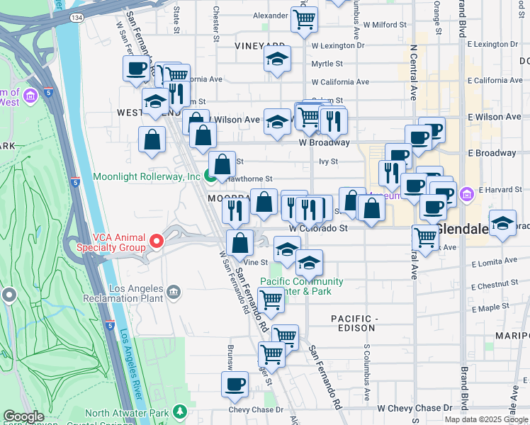 map of restaurants, bars, coffee shops, grocery stores, and more near 566 Oak Street in Glendale