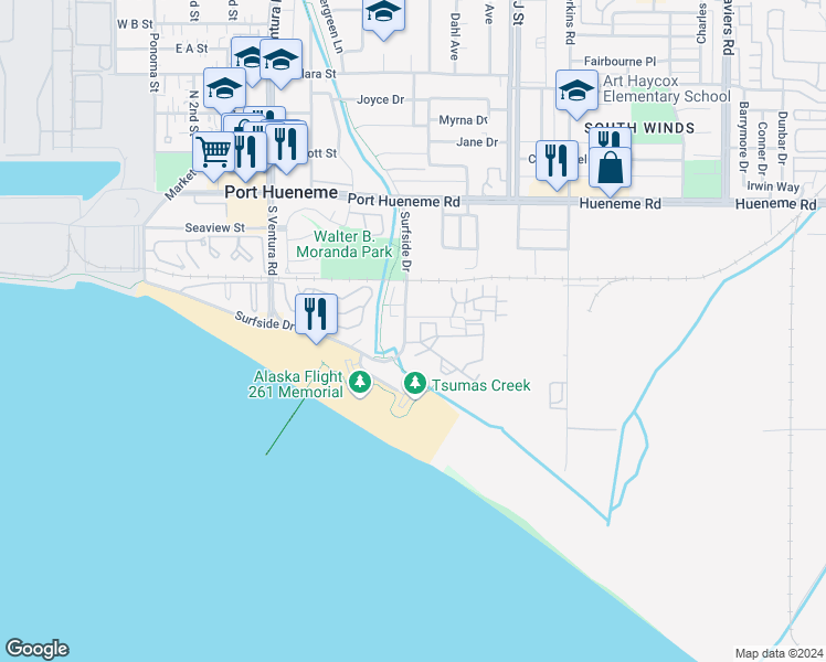 map of restaurants, bars, coffee shops, grocery stores, and more near 572 Ebbtide Circle in Port Hueneme