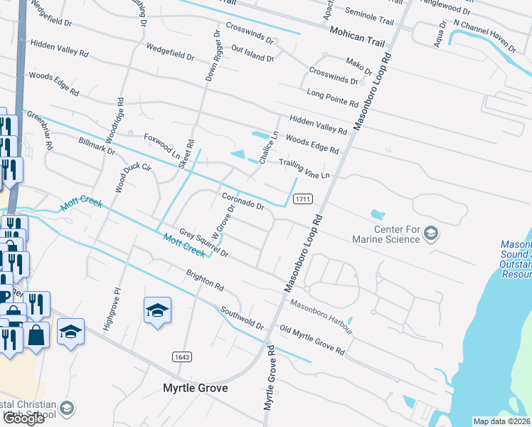 map of restaurants, bars, coffee shops, grocery stores, and more near 4940 Coronado Drive in Wilmington