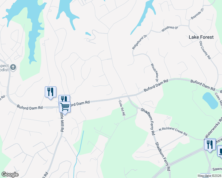 map of restaurants, bars, coffee shops, grocery stores, and more near 5730 Lake Windsor Parkway in Buford