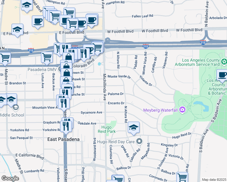 map of restaurants, bars, coffee shops, grocery stores, and more near 1135 Paloma Drive in Arcadia