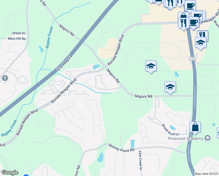 map of restaurants, bars, coffee shops, grocery stores, and more near 8010 Majors Mill Drive in Cumming