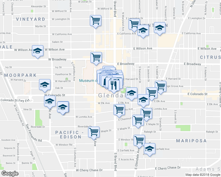 map of restaurants, bars, coffee shops, grocery stores, and more near 311 Caruso Avenue in Glendale