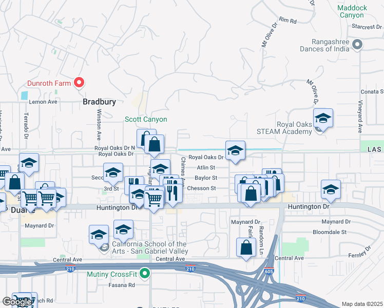map of restaurants, bars, coffee shops, grocery stores, and more near 1939 Royal Oaks Drive in Duarte