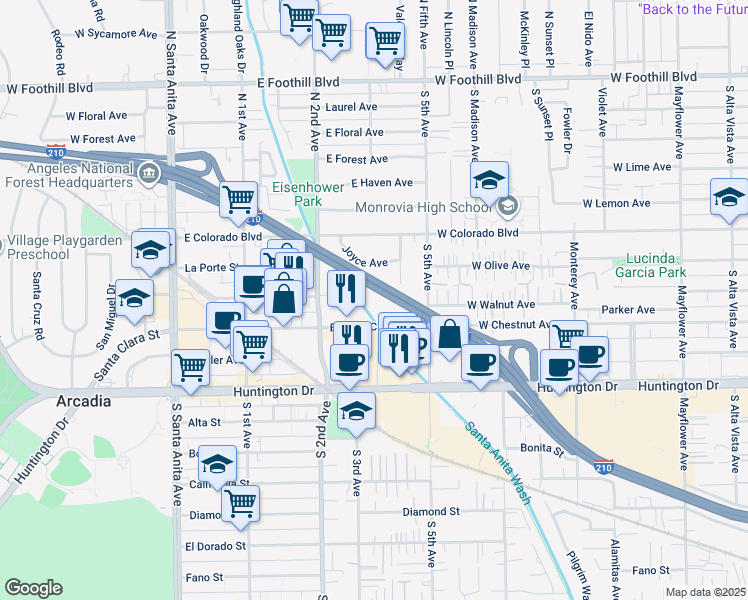 map of restaurants, bars, coffee shops, grocery stores, and more near 401 East Santa Clara Street in Arcadia