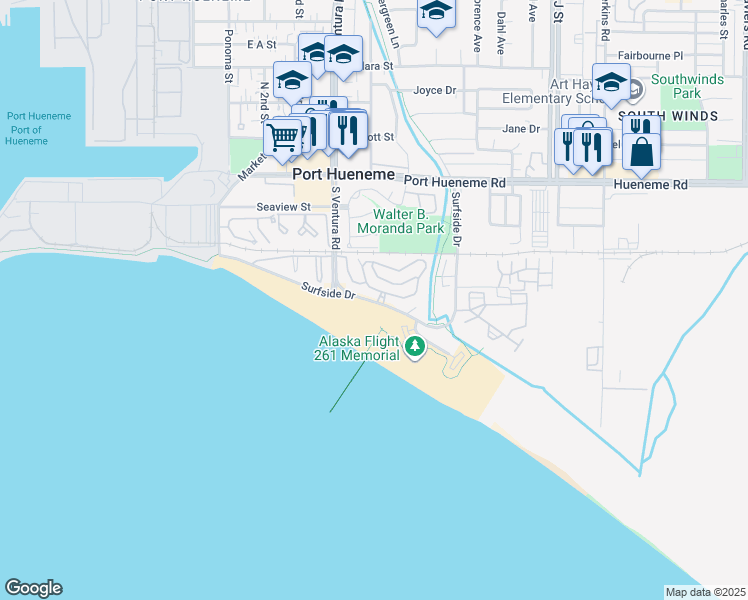 map of restaurants, bars, coffee shops, grocery stores, and more near 375 East Surfside Drive in Port Hueneme