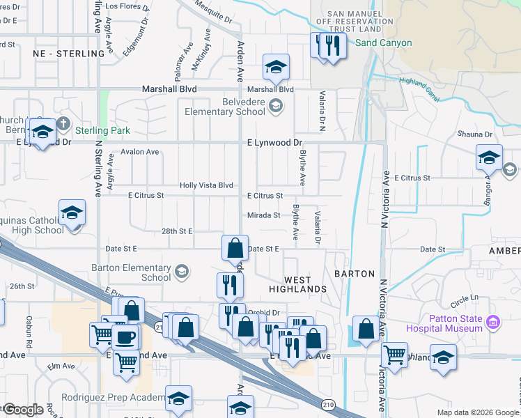map of restaurants, bars, coffee shops, grocery stores, and more near 6060 Mirada Court in Highland