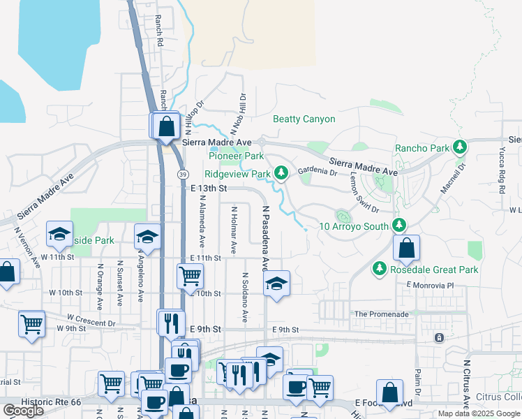 map of restaurants, bars, coffee shops, grocery stores, and more near 1227 North Pasadena Avenue in Azusa